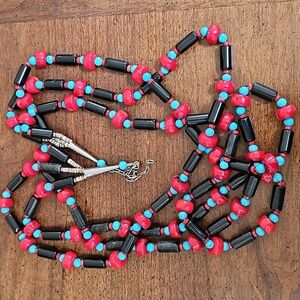 Navajo Sterling Silver Turquoise Coral Obsidian Necklace